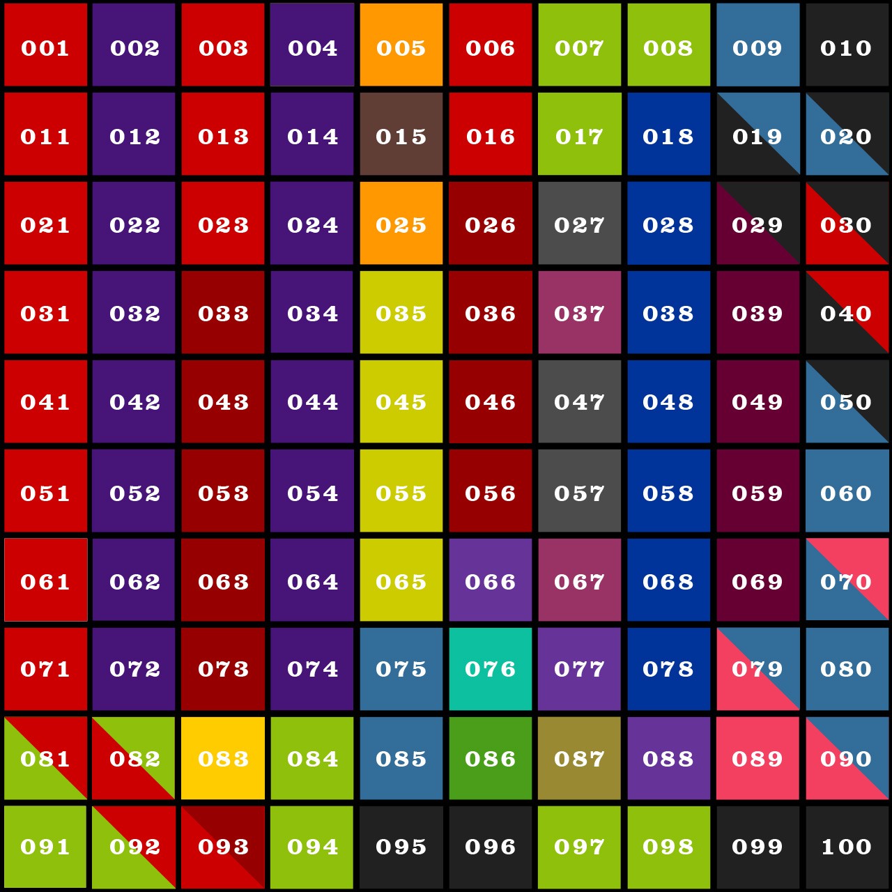 Day For Night 001-100 Grid 4 Color Code